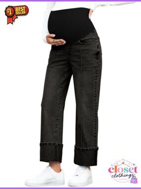 Maternity Jeans Over Belly Straight Leg Stretch Denim Pants with Pockets